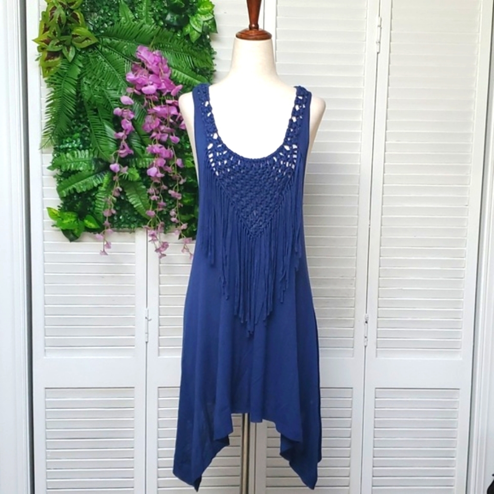 Rebecca Taylor Navy Braided Fringe Asmetrical Knit Tunic